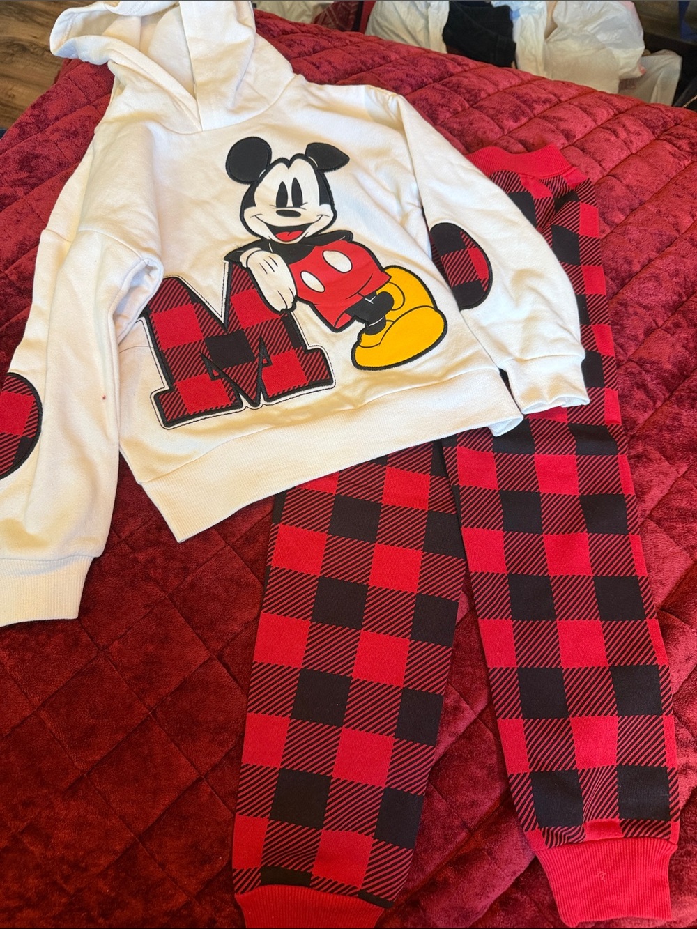 A 21 Kids Mickey Mouse White Hoodie & Red Buffalo Plaid sweat set New w/out tags
